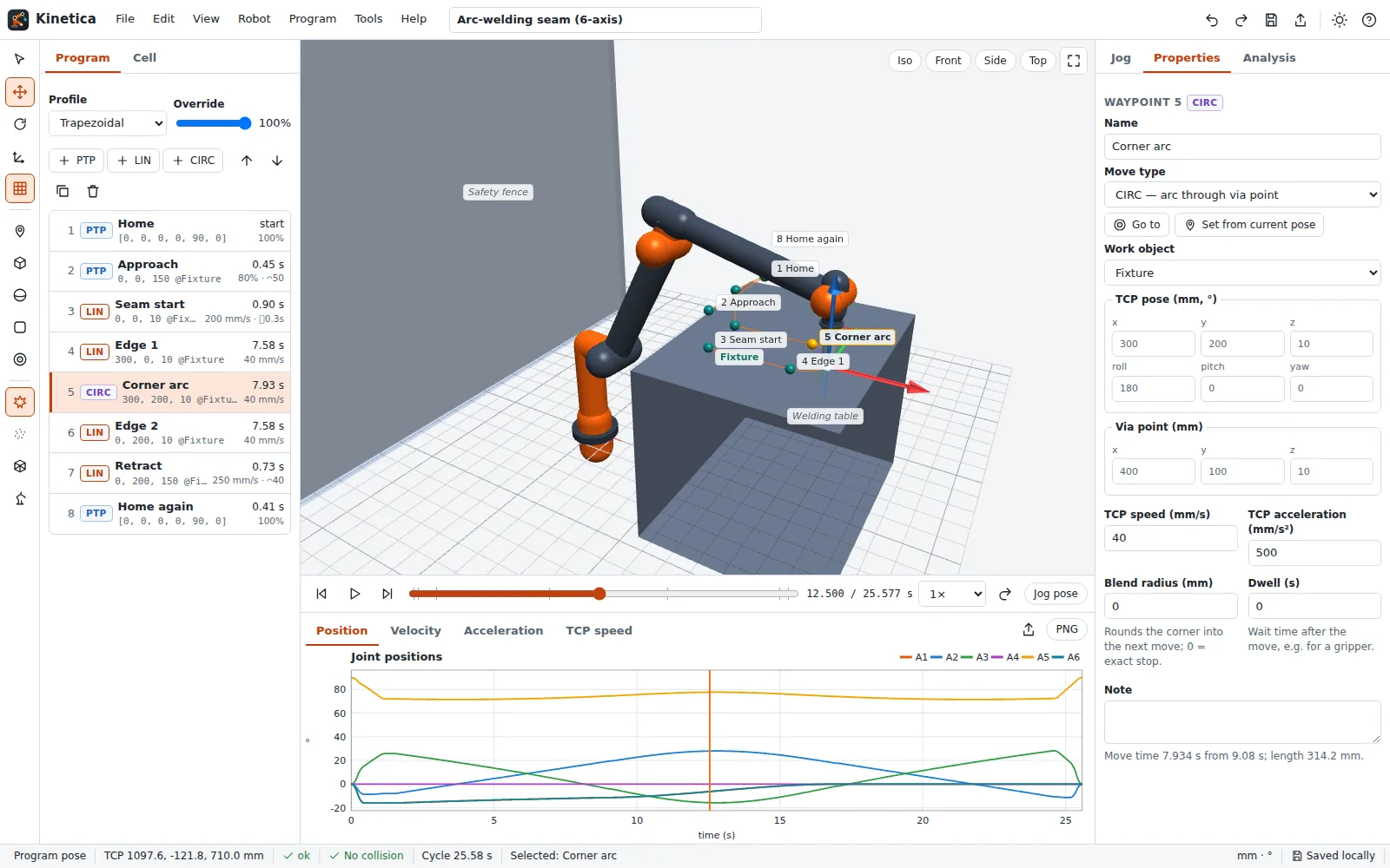 Kinetica workspace with a 6-axis arm welding a seam, waypoint list and timeline