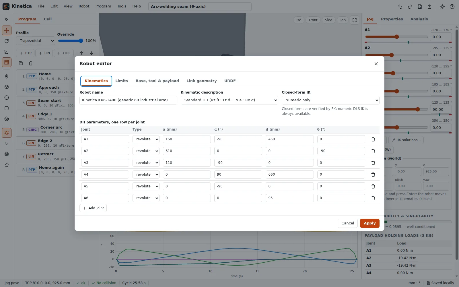 Robot editor with DH table and joint limits