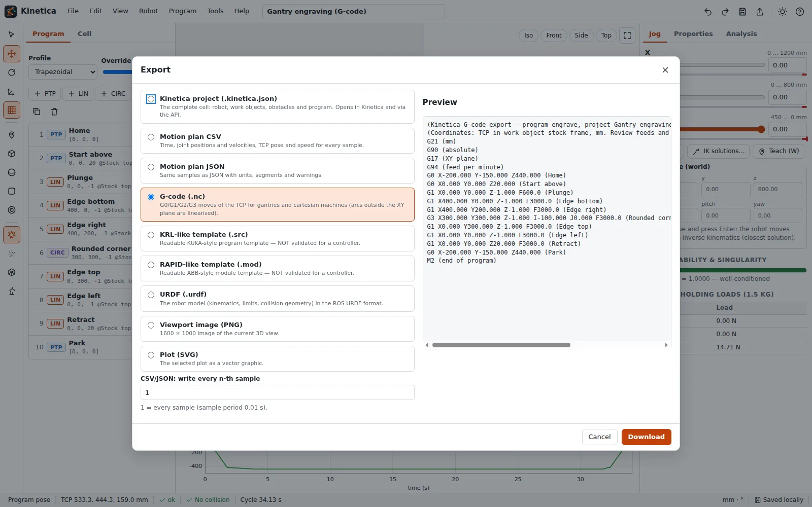 Gantry engraving program with G-code export dialog