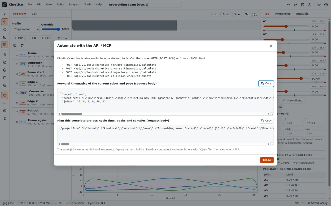 API dialog with request bodies for the current project